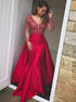 Mermaid Long Sleeves Red Lace Prom Dresses LBQ1218